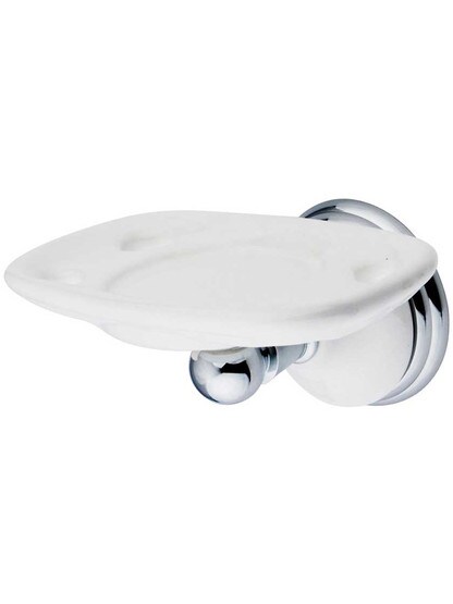 Cumberland Wall-Mount Toothbrush and Cup Holder with White Porcelain Dish and Rosette in Polished Chrome.